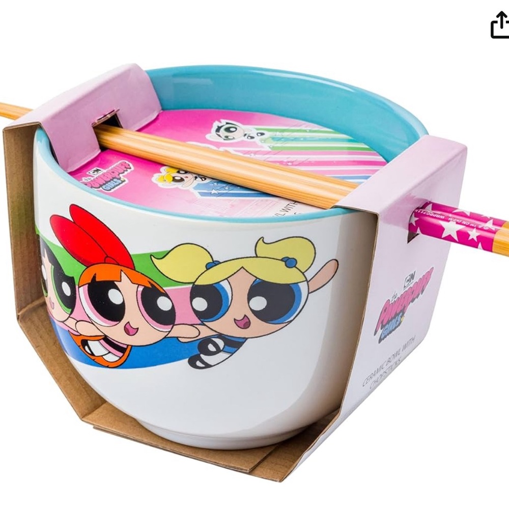 Powerpuff Girls Rainbow Girl Power Ceramic Bowl with Chopsticks, 20 Oz